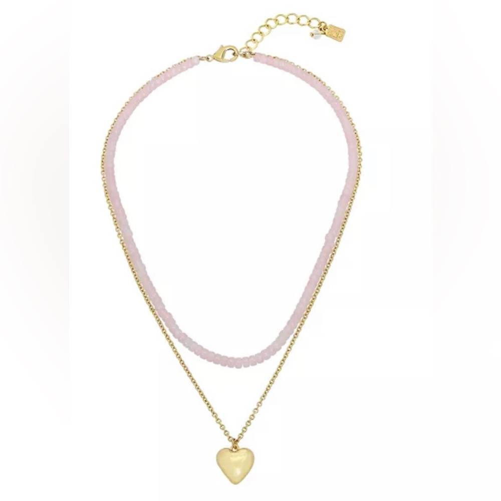 Robert Lee Morris pink gold tone double layered puffy heart pendant necklace new